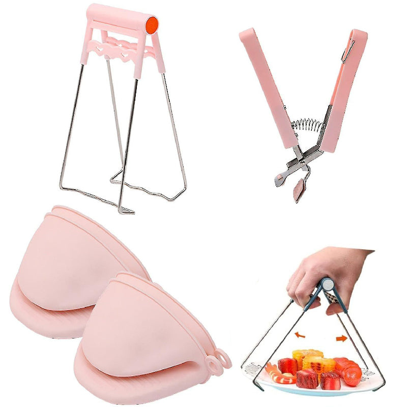 Kitchen Anti-Scalding Set, Hot Plate Gripper & Stainless Steel Bowl Clip & Silicone Gloves