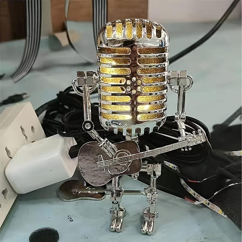 Vintage Microphone Robot Desk Lamp with Mini Guitar