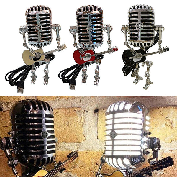 Vintage Microphone Robot Desk Lamp with Mini Guitar