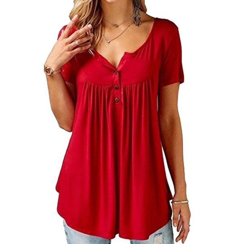 Women Notched Neck Plain Ruched Button Short Sleeve T-Shirt