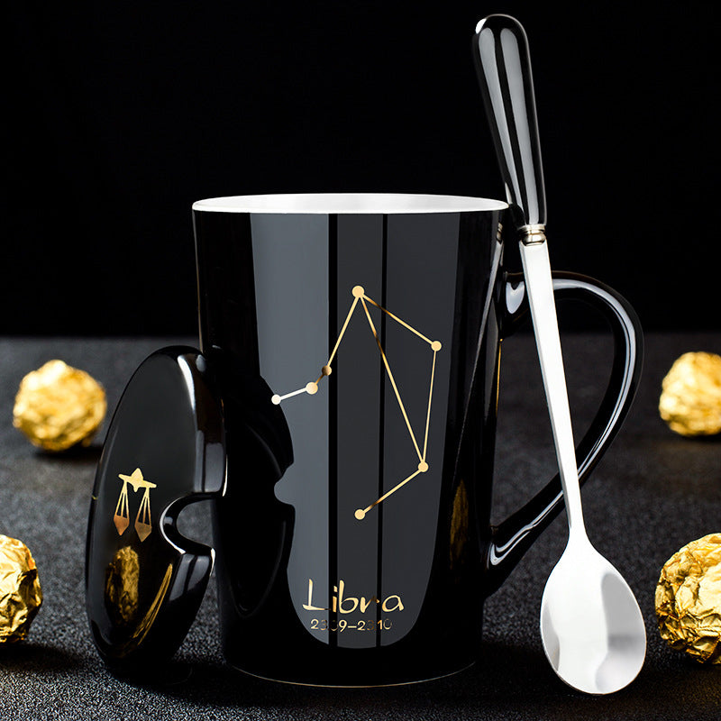 12 Constellations Black Ceramic Mug with Lid Spoon