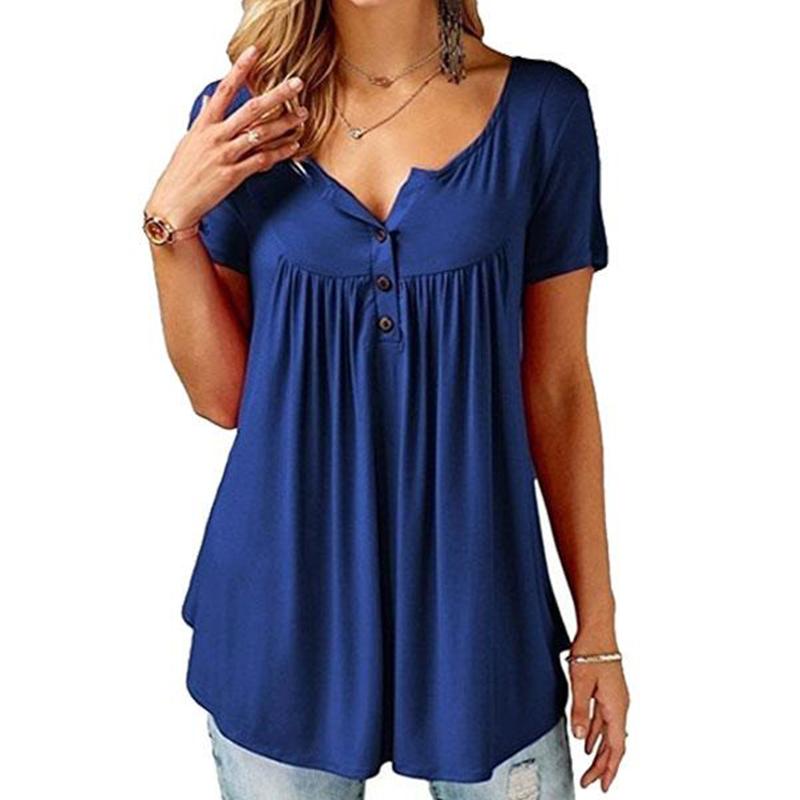 Women Notched Neck Plain Ruched Button Short Sleeve T-Shirt