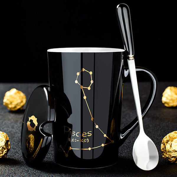 12 Constellations Black Ceramic Mug with Lid Spoon