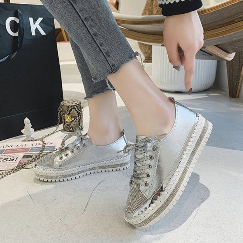 Diamond Silver Leather Sneakers for Women