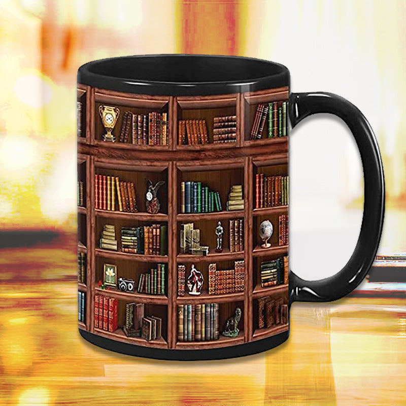 Bookself Ceramic Coffee Mug - Gift for Cat Book Lover