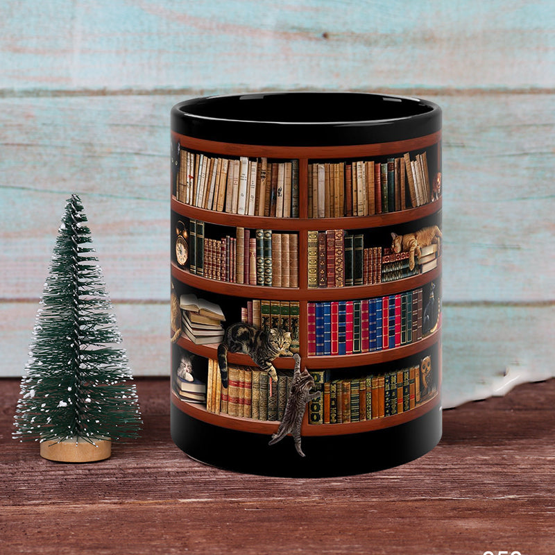 Bookself Ceramic Coffee Mug - Gift for Cat Book Lover