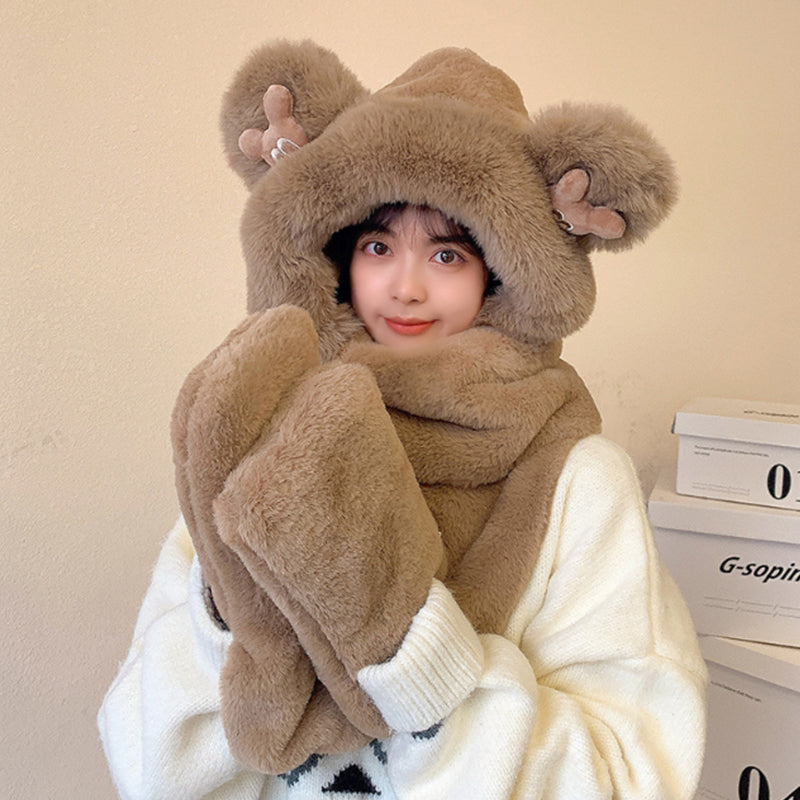 Warm Bear Hoodie Hat/Scarf/Gloves Set for Women