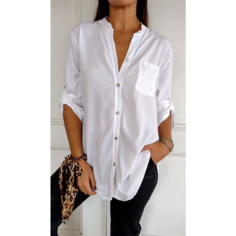 Women Paneled Sequin Mid-sleeve Button Casual Top