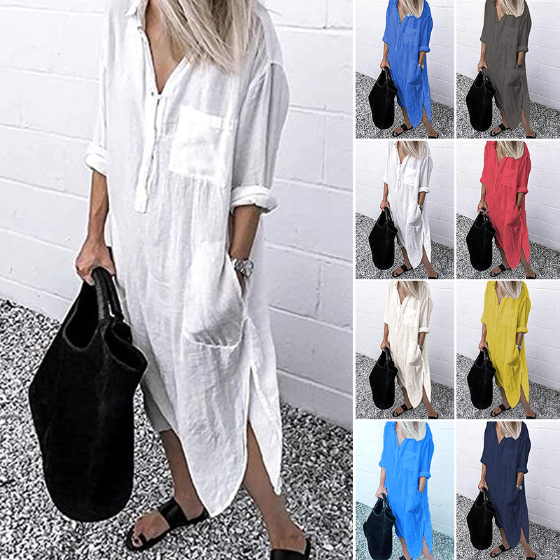 Solid Linen Button Down Curved Hem Side Split Long Shirt Dress