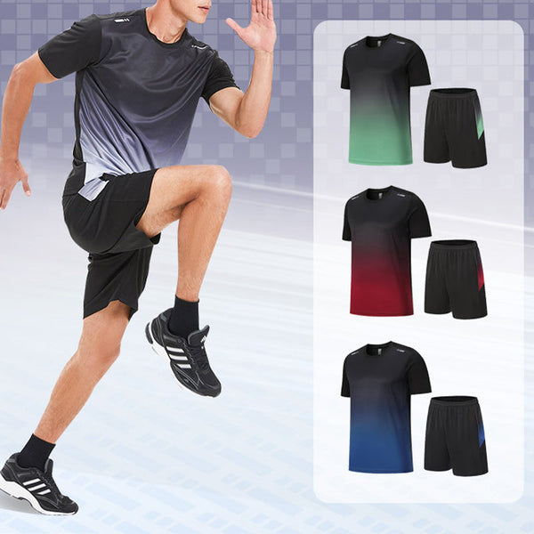 2-piece Men's Summer Quick-Drying Sports Suit, Short Sleeve T-Shirt & Drawstring Shorts with Pockets