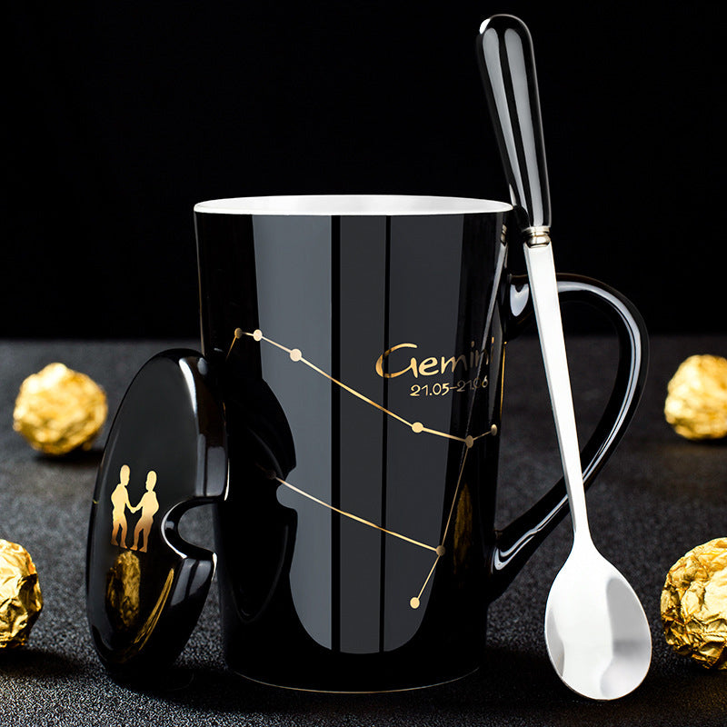 12 Constellations Black Ceramic Mug with Lid Spoon