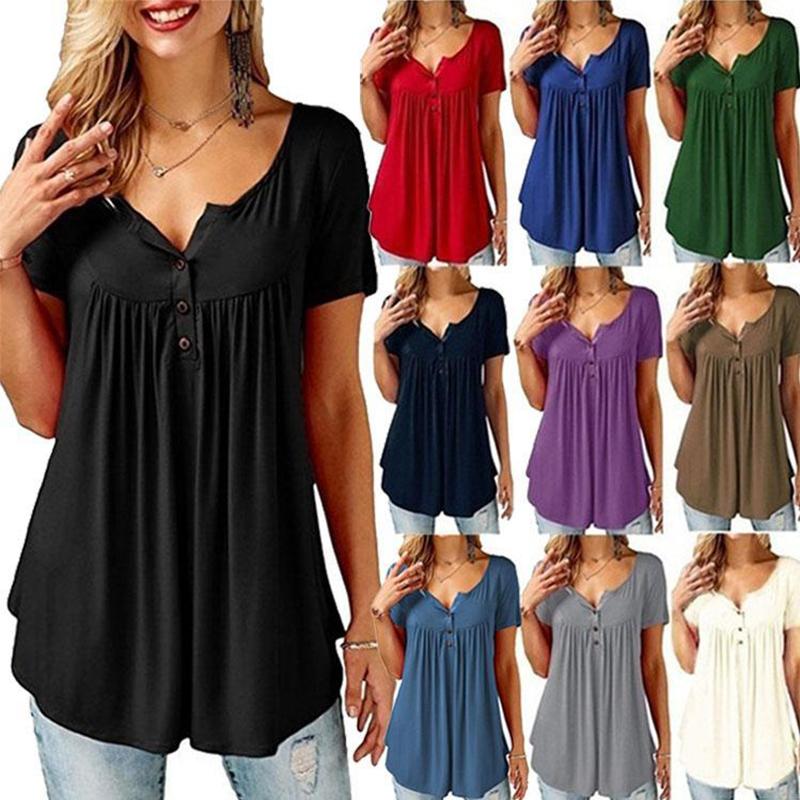 Women Notched Neck Plain Ruched Button Short Sleeve T-Shirt