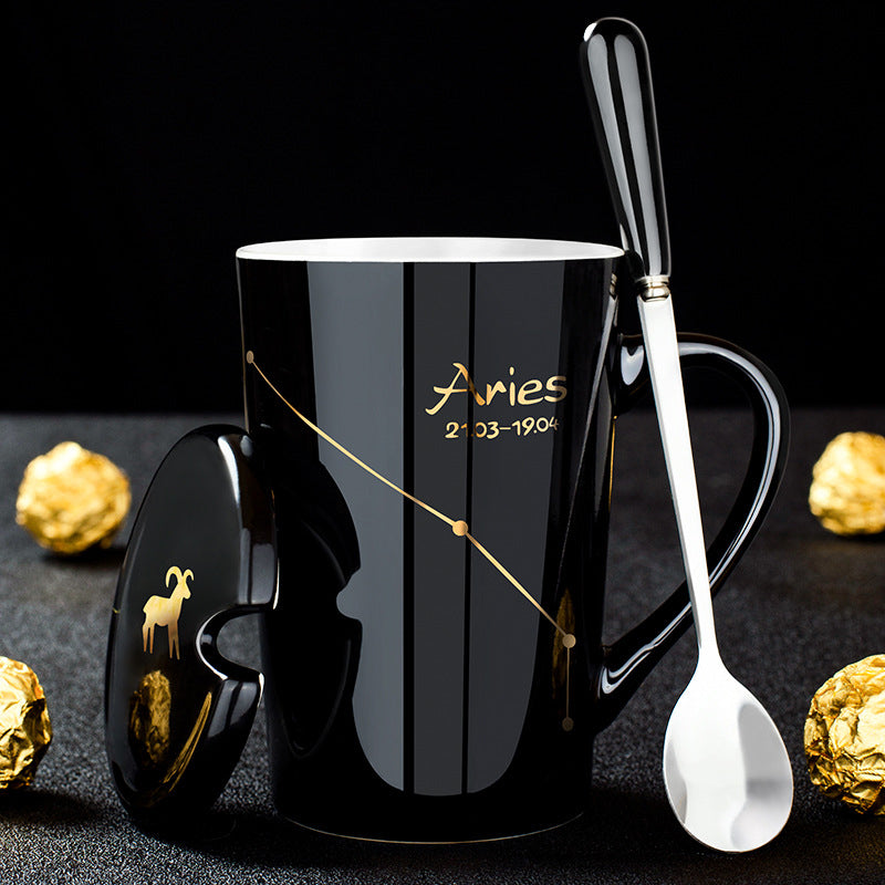 12 Constellations Black Ceramic Mug with Lid Spoon