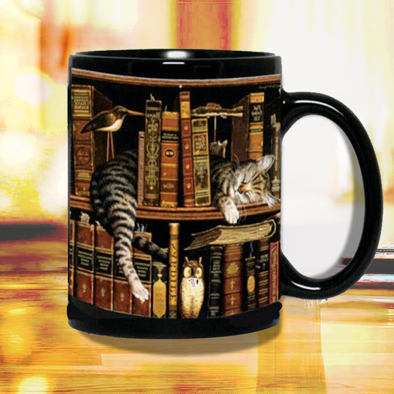 Bookself Ceramic Coffee Mug - Gift for Cat Book Lover