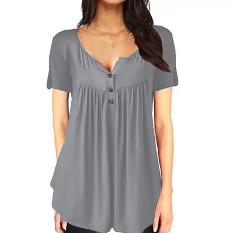 Women Notched Neck Plain Ruched Button Short Sleeve T-Shirt