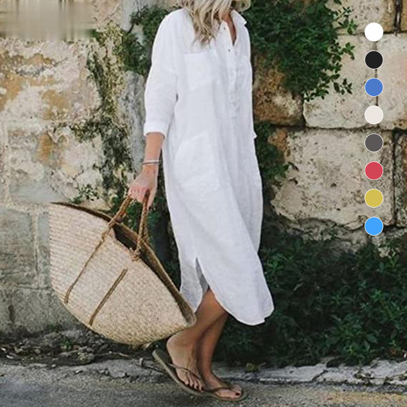 Solid Linen Button Down Curved Hem Side Split Long Shirt Dress