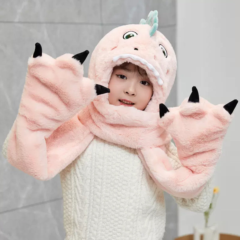 Toddler Kids Cartoon Dinosaur Fleece Plush Hat Gloves Scarf 3 in 1 Set