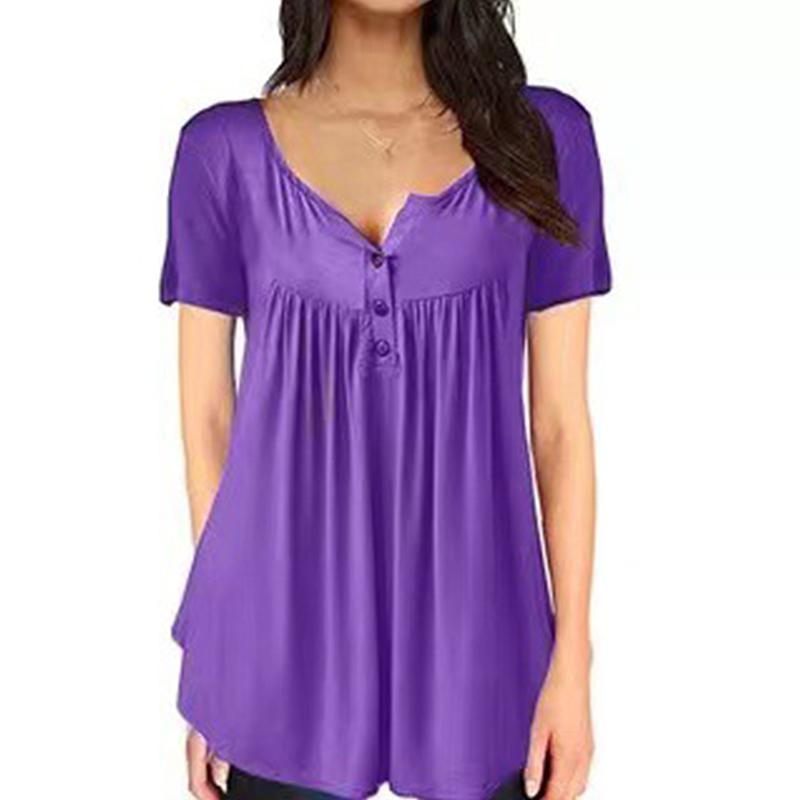 Women Notched Neck Plain Ruched Button Short Sleeve T-Shirt