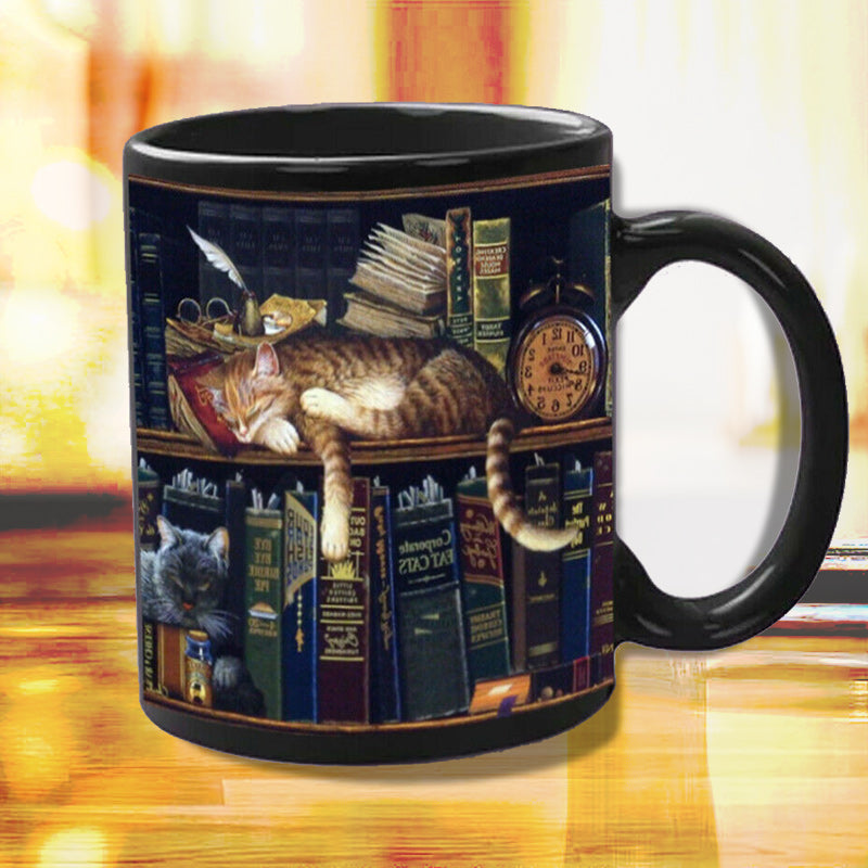 Bookself Ceramic Coffee Mug - Gift for Cat Book Lover