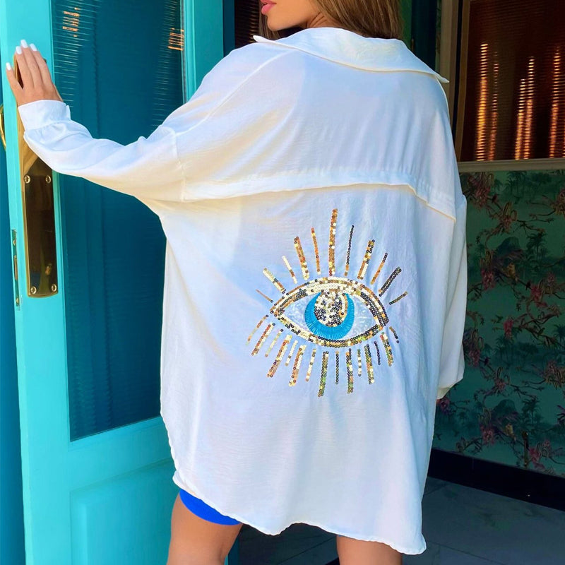 Women's Long Sleeve Oversized Shirt with Evil Eye Pattern