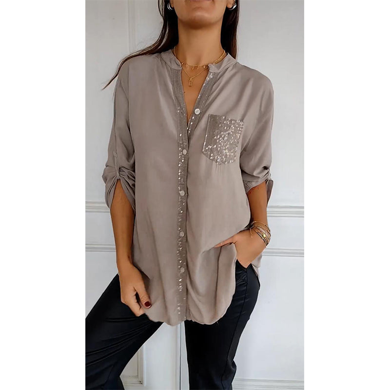 Women Paneled Sequin Mid-sleeve Button Casual Top