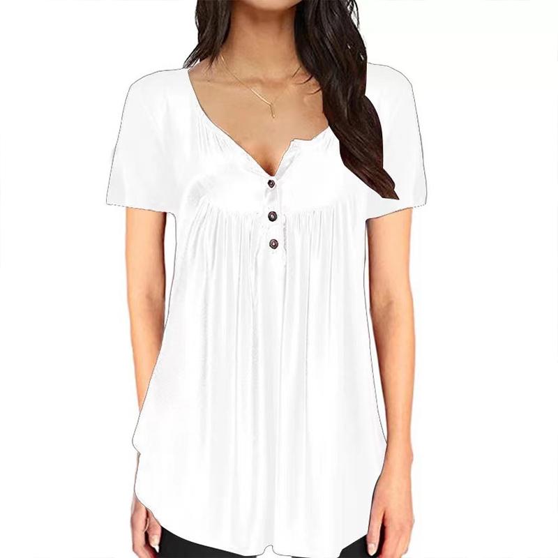 Women Notched Neck Plain Ruched Button Short Sleeve T-Shirt