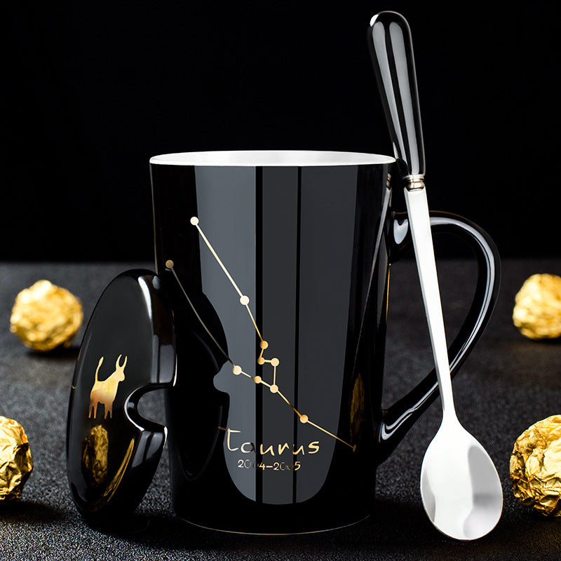 12 Constellations Black Ceramic Mug with Lid Spoon