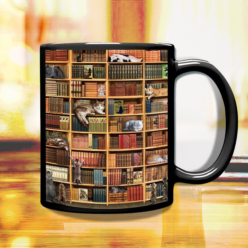 Bookself Ceramic Coffee Mug - Gift for Cat Book Lover