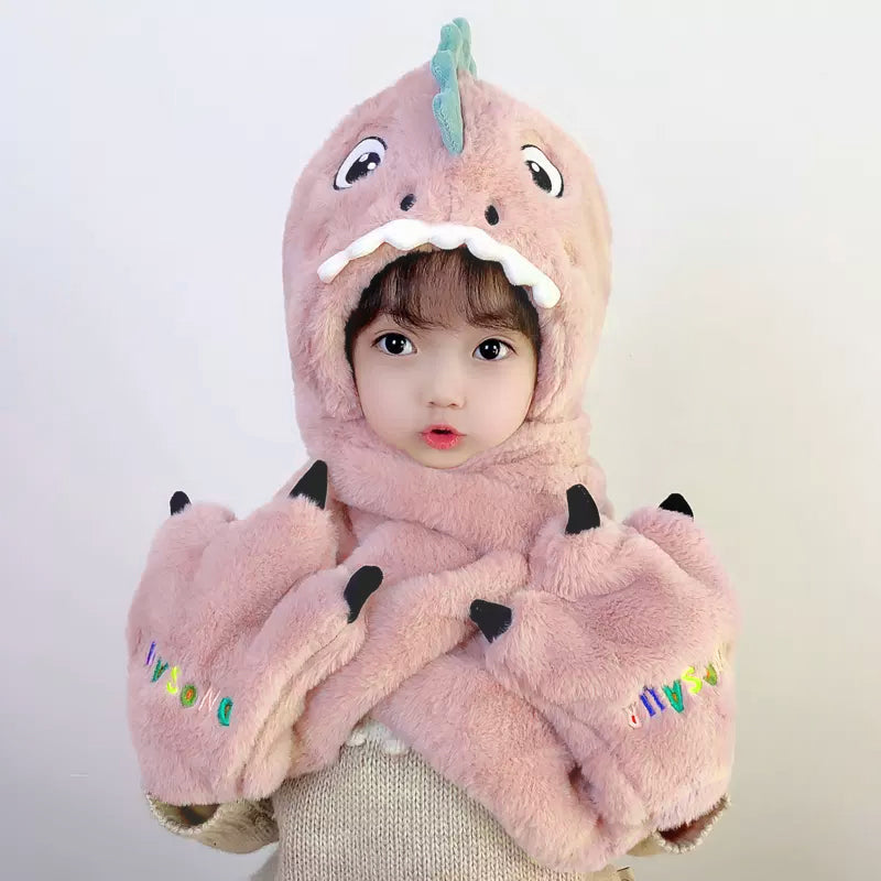 Toddler Kids Cartoon Dinosaur Fleece Plush Hat Gloves Scarf 3 in 1 Set