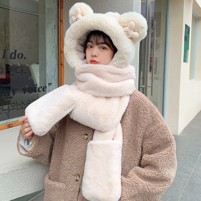 Warm Bear Hoodie Hat/Scarf/Gloves Set for Women