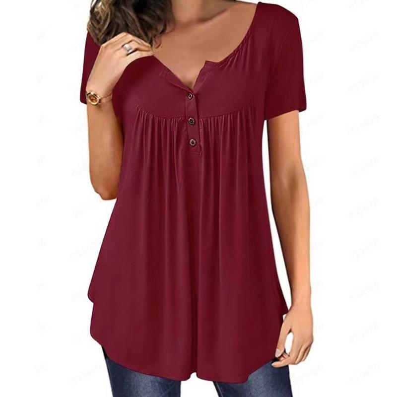 Women Notched Neck Plain Ruched Button Short Sleeve T-Shirt