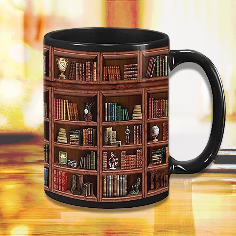 Bookself Ceramic Coffee Mug - Gift for Cat Book Lover