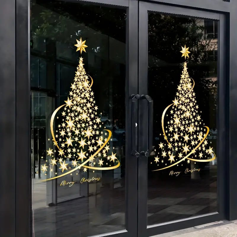 Golden Christmas Tree Window Clings Stickers for Glass