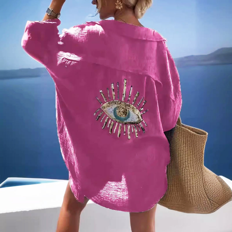 Women's Long Sleeve Oversized Shirt with Evil Eye Pattern