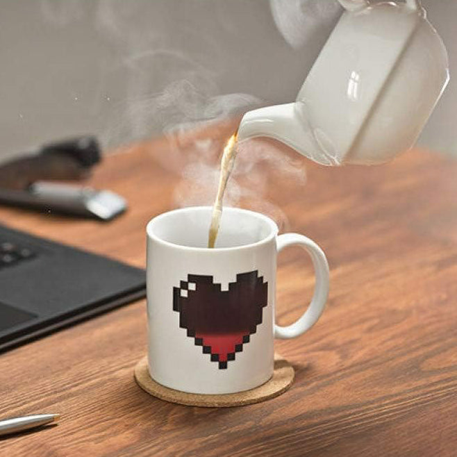 Pixel Heart Magic Heat Sensitive Color Changing Ceramic Coffee Mug