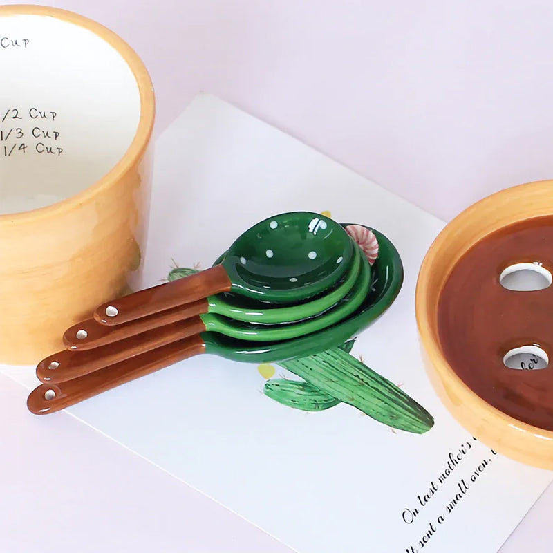 Prickly Cacti Measuring Set, Ceramic Measuring Spoons and Cups