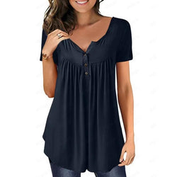 Women Notched Neck Plain Ruched Button Short Sleeve T-Shirt