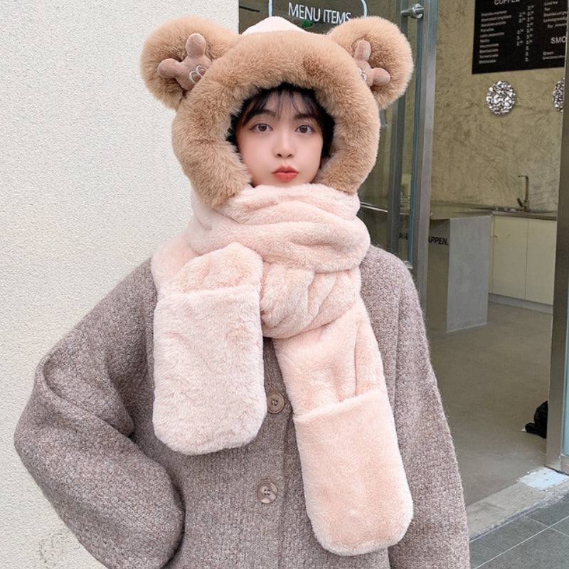 Warm Bear Hoodie Hat/Scarf/Gloves Set for Women