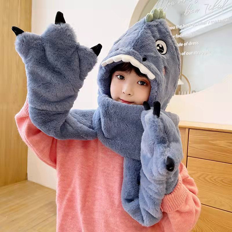 Toddler Kids Cartoon Dinosaur Fleece Plush Hat Gloves Scarf 3 in 1 Set