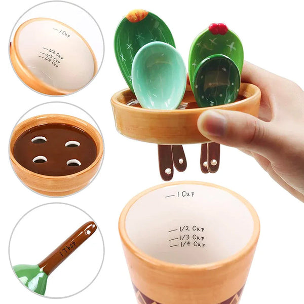 Prickly Cacti Measuring Set, Ceramic Measuring Spoons and Cups