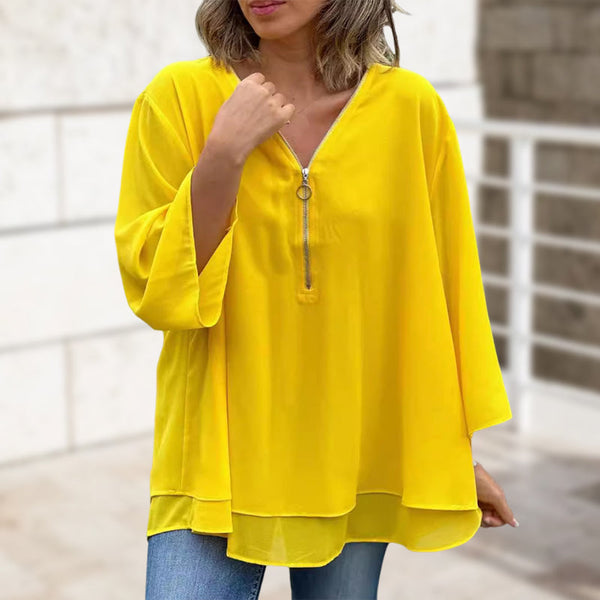 Women Chiffon Half-zip V-neck Casual  Top