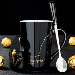 12 Constellations Black Ceramic Mug with Lid Spoon