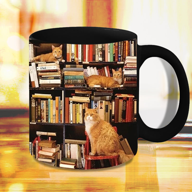 Bookself Ceramic Coffee Mug - Gift for Cat Book Lover