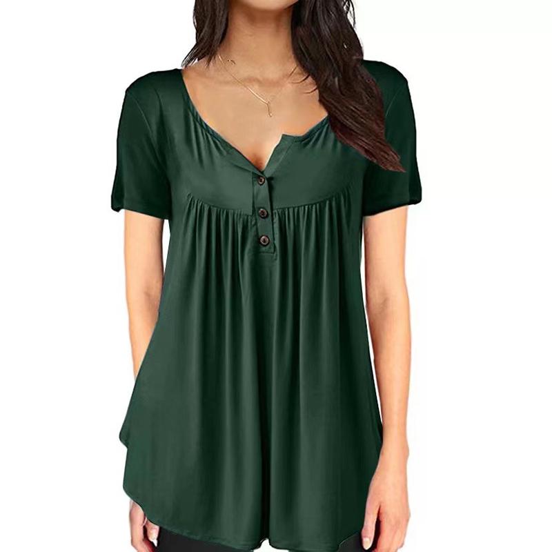 Women Notched Neck Plain Ruched Button Short Sleeve T-Shirt