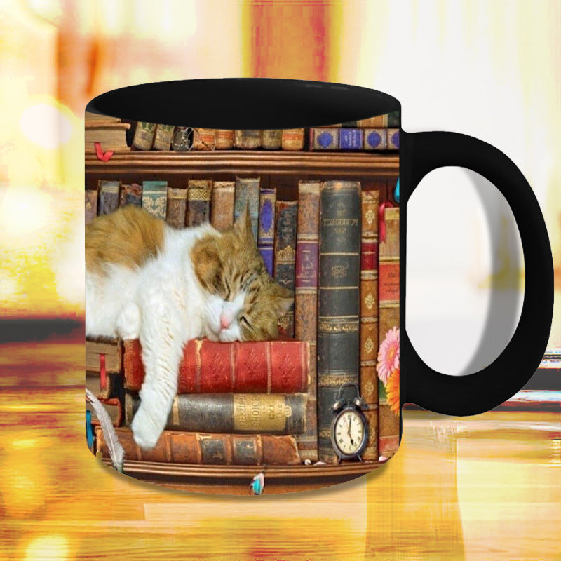 Bookself Ceramic Coffee Mug - Gift for Cat Book Lover