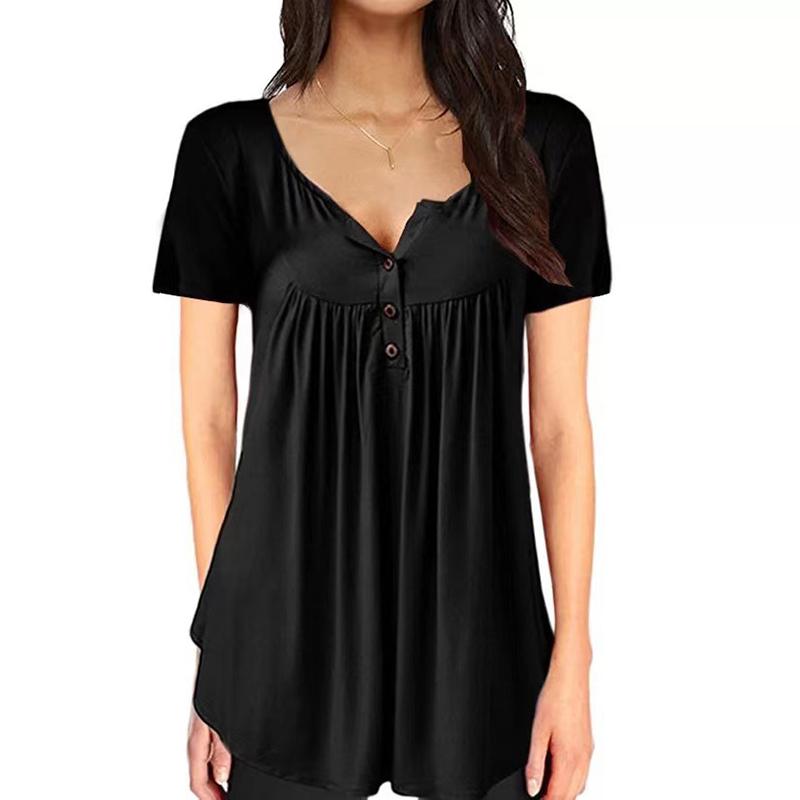 Women Notched Neck Plain Ruched Button Short Sleeve T-Shirt