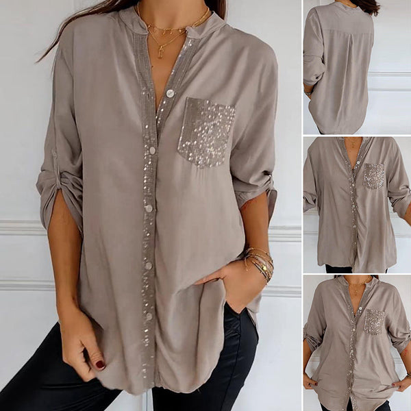 Women Paneled Sequin Mid-sleeve Button Casual Top