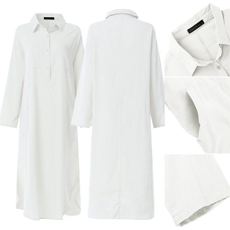 Solid Linen Button Down Curved Hem Side Split Long Shirt Dress