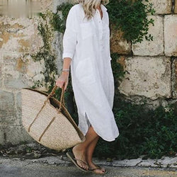 Solid Linen Button Down Curved Hem Side Split Long Shirt Dress