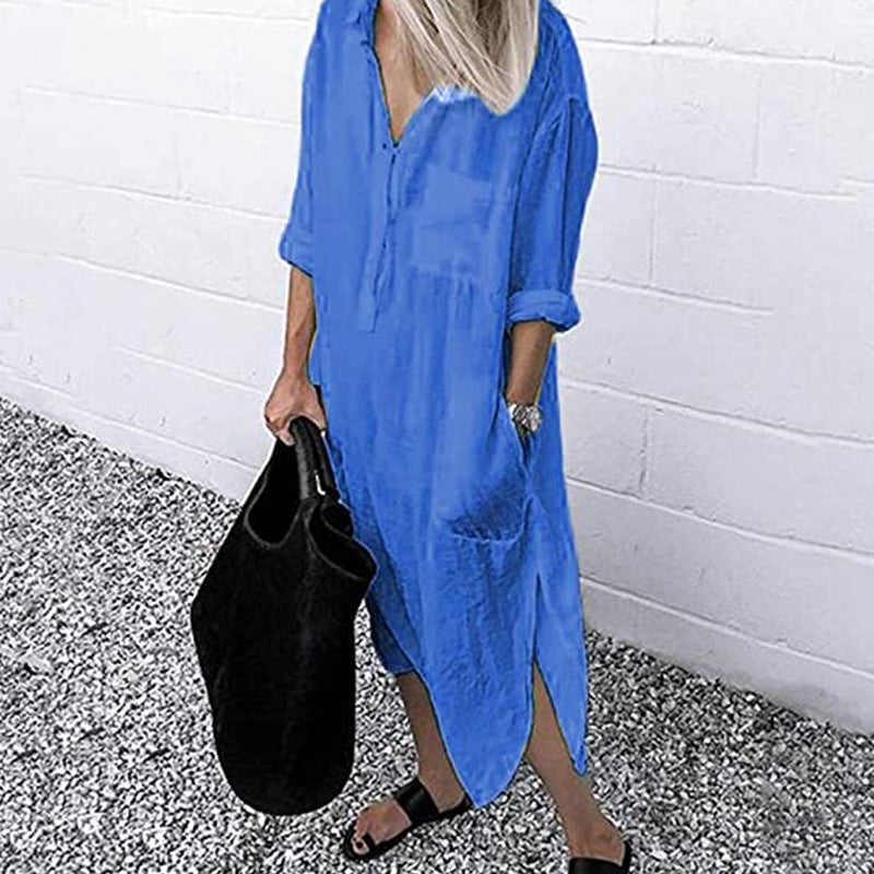 Solid Linen Button Down Curved Hem Side Split Long Shirt Dress